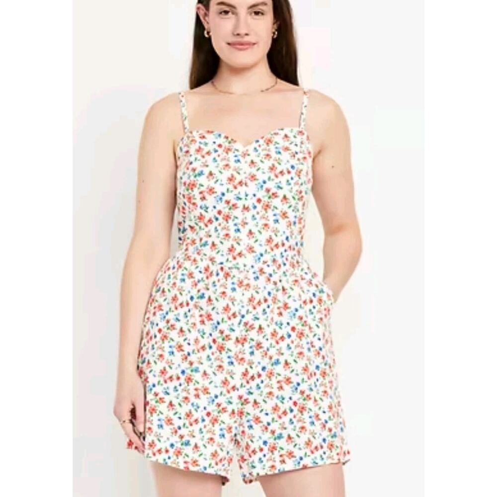 Old Navy size XXL Linen Blend Sleeveless Romper white with red blue floral